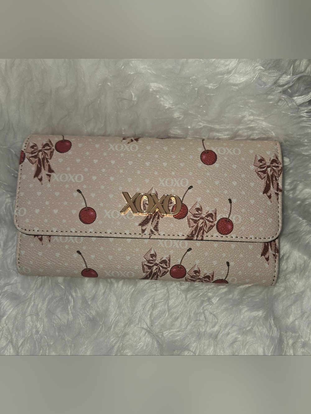 XOXO Pink Cherry Bow Print Flap Snap Wallet with Gold Logo Summer Fun Wallet